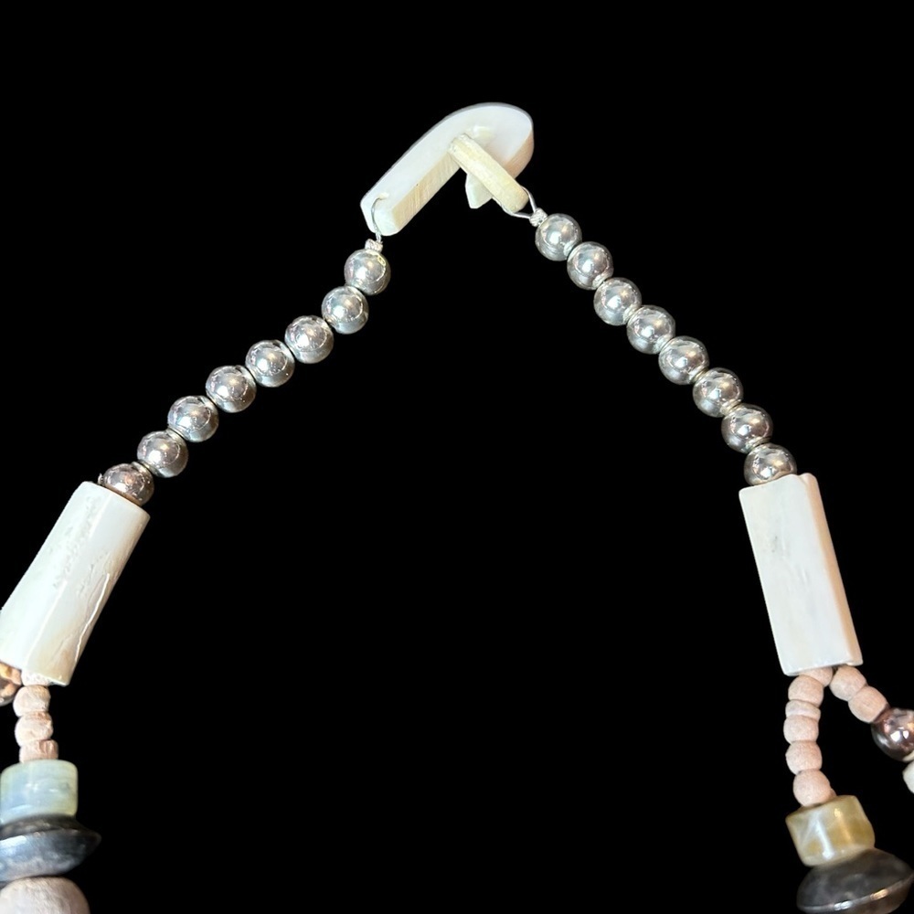 Bone Metal Stone Bead Vintage Two Tier Necklace Carved Lions Bone Hook Closure - Picture 4 of 16